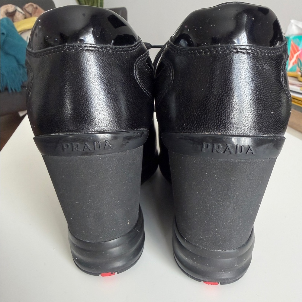 Authentic Prada Sport Milano Black Leather Logo Wedge Laceup Sneakers EU 38/US 8 - Picture 8 of 11